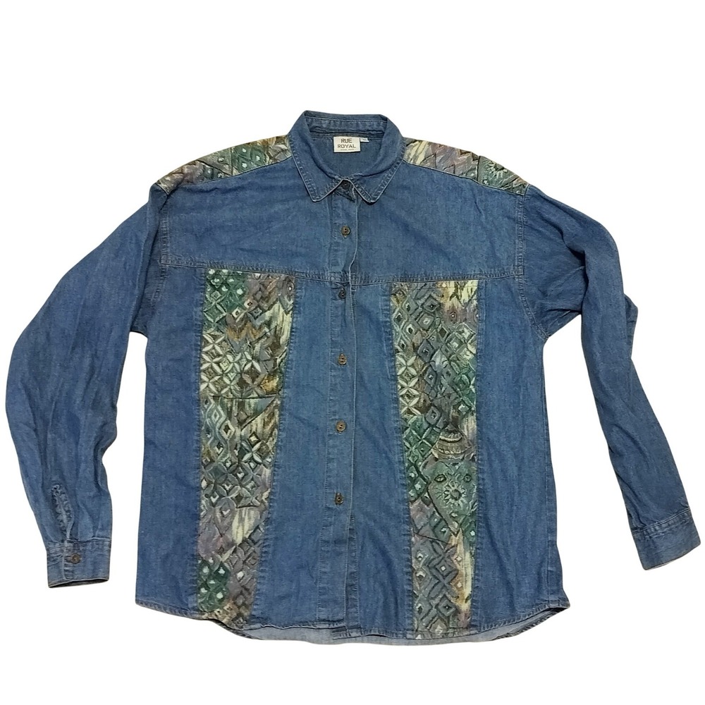Vintage Denim Button Down Shirt Oversized Cotton Tapestry Design Size Large 90s